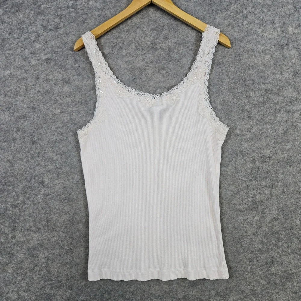 Chico's Women's Pale Pink Tank Top‎ Size 3 (XL) Lace Trim Beaded Sequined Ribbed